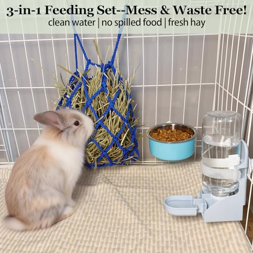 Rabbit Water Bottle Ferret Food Bowl Bunny Water Dispenser Stainless Steel Food Dish Hanging Drinking Fountain Drinker Feeder Crate Bowl Feeder Cup for Guinea Pig Hedgehog Chinchilla - color: Blue