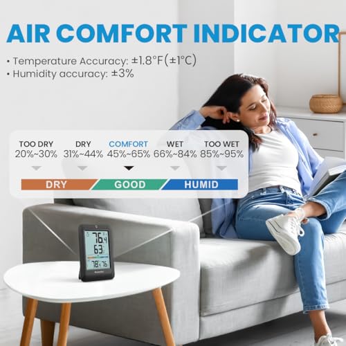 Newentor Indoor Outdoor Thermometer Wireless with 24H/48H/ALL-TIME High Low | Big Number 4" Display, Inside Outside Temp & Humidity, Comfort Indicator, Weather Station for House Patio, Black, 2 Sensors - color: Black, size: with 2 sensor