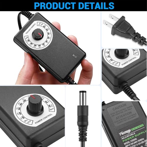 Facmogu Adjustable Power Supply 3V-12V 2A, Universal AC/DC Adapter | 100-240V with Variable Voltage Control for LED Strip, Router, Fan, Speed Controller | Multi Voltage Replacement Power Adapter - size: 3-12V 2A