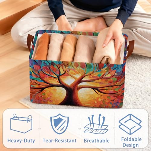 Tree of Life Storage Basket with Handles,Colorful Collapsible Rectangle Organizer Bin for Room Decoration Books Box Baskets 17x11.5x10Inch - color: Tree of Life Colorful