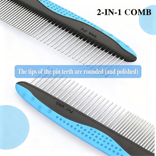 4 Pack Pet Grooming Combo - Blue Deshedding Brush,With Metal Comb,Bath Brush, With Long & Short Stainless Steel Teeth Depilatory Comb For Detangling And Dematting Long, Matted Fur On Cats And Dogs