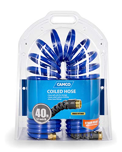Camco 40' Self Coiling Water Hose with Brass Fittings and 0.5" Interior Diameter for Marine Use, Cleaning, Car Washing and Gardening, Blue - style: 40' Coiled Water Hose