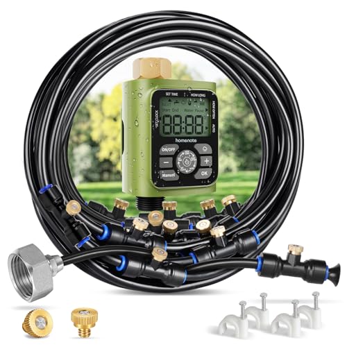HOMENOTE Misting Cooling System with Timer, 59FT Misting Hose | 20 Brass Nozzles, 3/4" Brass Adapter, Water Timer with Mist Mode & Irrigation Mode, For Patio Cooling and Garden Watering - size: 59FT / 18M