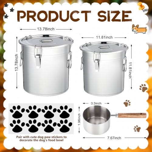 Lounsweer 2 Pack 8.9+5.5 Gal Stainless Steel Dog Food Storage Container with Lid and Locking Clamp 33L+21L Metal Airtight Container Large Stainless Steel Bucket with Food Scoop for Pet Feed - size: 21L+33L