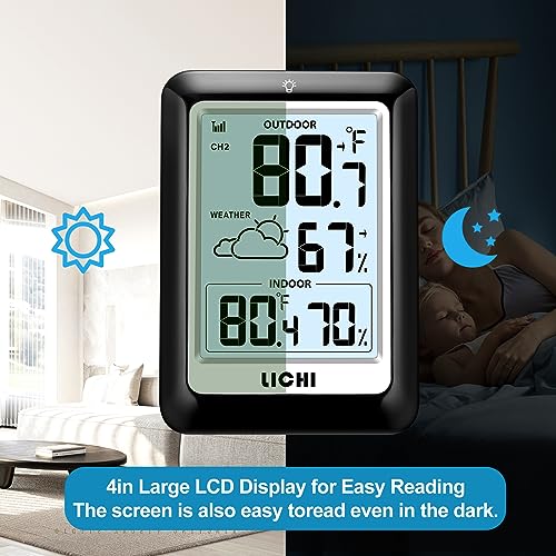 Indoor Outdoor Thermometer Wireless Weather Station, Internal External Thermometer Hygrometer, Home Batteryoperated Temperature Humiditymonitors330 Feet (About 100 Meters) Backlight Display (Black) - color: Black