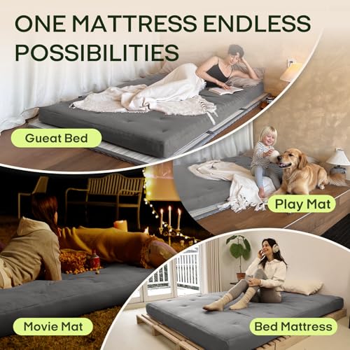 ZonLi Japanese Floor Futon Mattress 100% Cotton Washable Cover Foldable | 80" x 76" King Size 6" Thick Tatami Mat Sleeping Pad, Roll Up Floor Lounger Bed for Guest, Dormitory, Camping & Travel - color: Grey, size: King(80"L x 76"W x 6"Th)