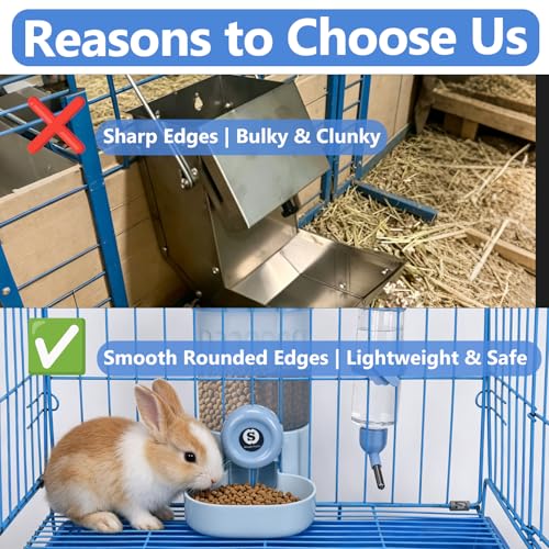 Sangle Sopffy Rabbit Feeder and Water Dispenser Set, Gravity Food Bowl with Water Bottle for Cage, Small Animal Feeding Station for Bunny, Guinea Pig, Chinchilla, Ferret, Hedgehog, Blue 2-Piece Set - color: blue