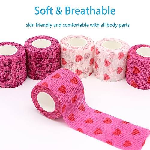 Self Adhesive Bandage Wrap Animal Cohesive Bandage Self Adherent Wrap First Aid Tape for Dogs Cats Horses Birds & Wrist Healing Ankle Sprain (2 Inch Heart 6 Rolls) - color: 2 Inch Heart 6 Rolls