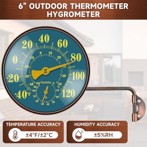 6 Inch Outdoor Thermometer and Humidity Gauge, Brass Analog Dial | Window Thermometer for Outside Temperature & Humidity Monitor, Battery Free for Patio Garage Greenhouse Garden Wall - color: Green, size: 6 Inch