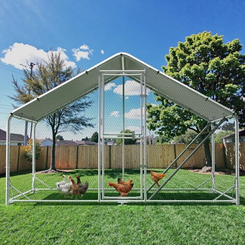 Large Metal Chicken Coop Runs for Yard with Cover, 10x6.5x6.5 | Perch Bars, Split Doors, Waterproof Covers, Mesh Wire - size: 118.1"L x 78.7"W x 78.7"H
