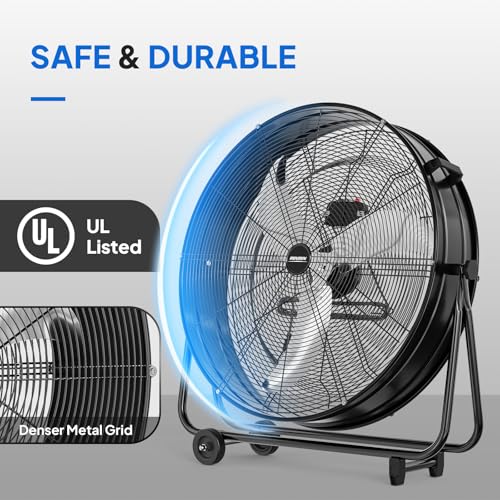 Bonnlo 30 inch Industrial Drum Fan, 13000CFM High Velocity Metal Floor Fan with Handle, 3-Speed, 360° Tilt, Heavy Duty, Air Circulator for Shop, Garage, Gym, Barn, Commercial, Black - size: 30'' (Black)