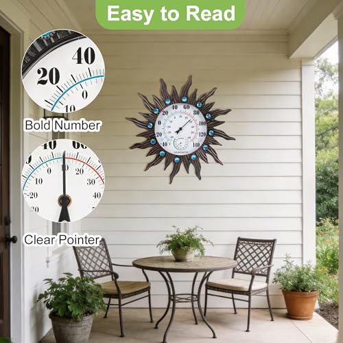 18" Large Outdoor Thermometer with Humidity, Vintage Sun Wall Thermometer | 10" Dial Large Number Easy-Read, Auto Calibration, Waterproof for Patio Garden Yard & Indoor Decor, No Batteries Required