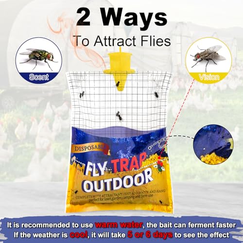 6 Big Fly Bags Outdoor Traps Hanging for Patio - Pre-Baited, Disposable | Fly Catcher Killer Repellent with 6*50g Bait for Outside in Chicken Coop, Horse Barns | Easy to use | Durable | Effective - size: 6 Pack