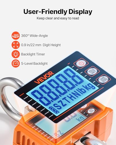 VEVOR Digital Crane Scale, 4400 lbs/2000 kg Max Capacity, Heavy Duty Industrial Hanging Scale with Cast Aluminum Case & LCD Display, 1 lbs Division & 3 Unit Switch, Remote Control for Garage Factory - style: 4400BLS