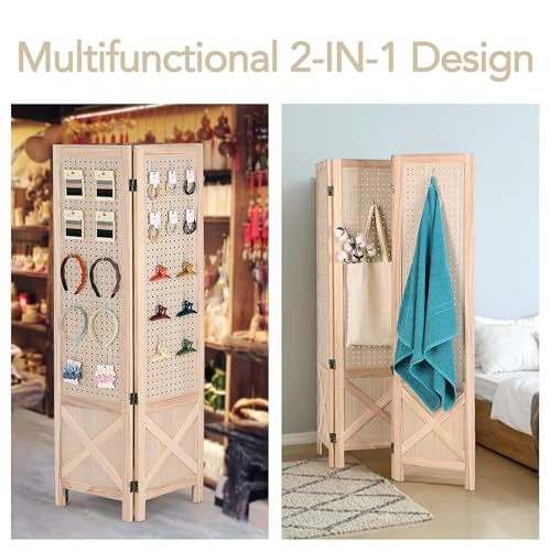 Wnutrees 4 Panel Pegboard Display,5 Ft Folding Privacy Screen Room Divider | Wood Portable Freestanding Board Organizer, Partition for Craft/Art Shows, Retail, Events, Wall Display, Natural - color: Natural