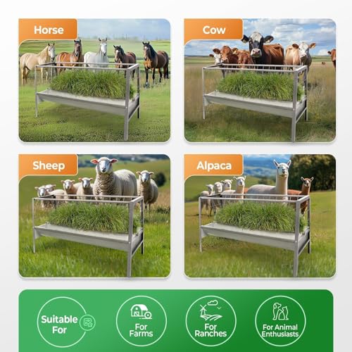 Pasture Hay Feeder 2 in 1 55 Gallon 59 in Livestock Feed Trough | Gallon Feed Pan Hay Grain Livestock Feeder for Sheep, Calf, Cow and Horse - color: Silvery