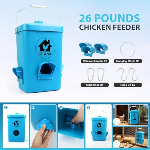 Chick Feeder 3 Gallon/26 LB Automatic Feeder Gamefowl Supplies with 3 Nipples Hanging/Standing Design for Backyard Coop & Small Farm Brooder Hens Ducks and Poultry