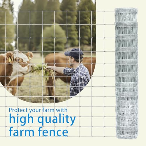 Farm Fence 48in x 50ft Heavy Zinc Coating Cattle Fence,Galvanized Field Wire Fencing Deer Fence,Goat Fence,Hog Wire Fencing for Yard Livestock & Animals Protection - size: Silver 48inx50ft