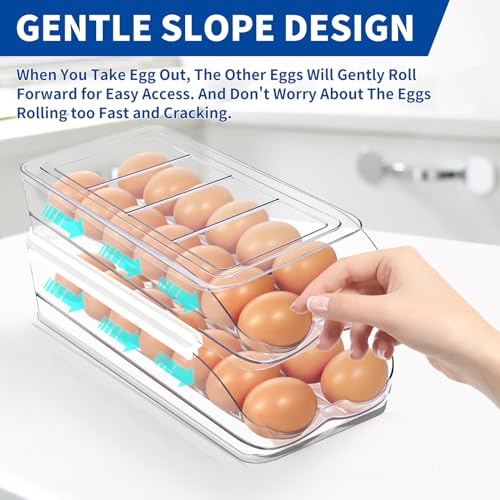 MesRosa Egg Holder for Fridge, Automatic Rolling Egg Organizer -2 Layer | Stackable Clear Egg Container & Tray for Refrigerator, Durable Dispenser and Storage with Sturdy Lid to Saving Space - size: 2 Layer Holder 28 Eggs