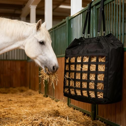 Extra-Large 25×21×9 in Slow-Slow Feed Hay Bag with Drawstring Closure & Rope-Head Pocket – Heavy-Duty Oxford Fabric Horse, Donkey & Goat Hay Feeder – Prevents Waste & Enhances Safety