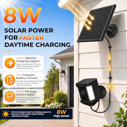 3-Pack 8W Solar Panel Chargers for Ring Cameras with 10FT Cables | Compatible with Stick Up Cam/Plus Battery, Spotlight Cam Plus/Pro Battery, Includes USB-C/DC/Micro Adapters, Stays Powered - color: Black