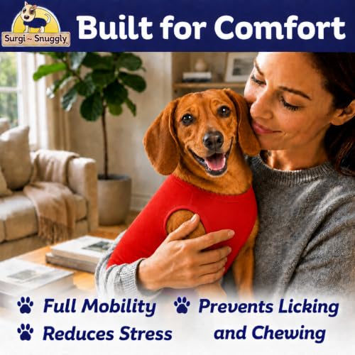 Surgi Snuggly Dog Surgery Recovery Suit, Cone Alternative, Spay/Neuter SL | Dog Recovery Suit for Dogs — Veterinarian-Invented Surgical Suit & Recovery Onesie with Easy Bathroom Access After Surgery - color: Radiant Red, size: Small Long (L-12"-15" | G-14