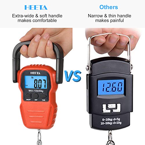 HEETA Fish Scale Digital Fishing Luggage Weight Scale with Measuring Tape | Up 110lb/50kg Portable Hanging Scale with Backlit LCD Display for Home Farm Outdoor Hunting Fishing, 2 AAA Batteries Included - color: Orange