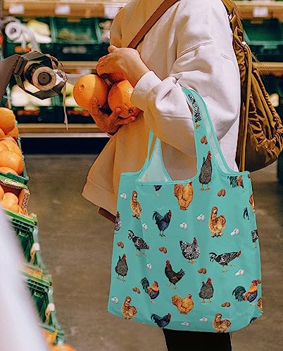WIRESTER Reusable Grocery Tote Bag for Women, Foldable Shopping Bag, Cute Shoulder Bag, Beach Bag - color: Barnyard Chicken Roosters Teal
