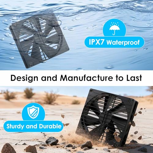 7 Inch Large Airflow Solar Fan with Battery Backup, 12800mAh Batteries IPX7 Waterproof 16.5 Ft On/Off Switch Cable Solar Powered Exhaust Vent Fan for Outside Greenhouse Chicken Coop Shed Trailer - size: 7" Fan Large Kit