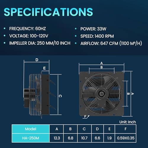 HG Power 10 Inch Shutter Exhaust Fan, 647CFM Quiet Garage Exhaust Fan with 8 Foot Long ON/OFF Switch Cable for Chicken Coop, Shed, Basement, Gable, Kitchen, Attic Ventilation Use, Black - size: 10 Inch Upgrade