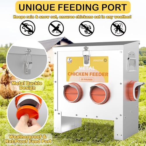 Automatic Chicken Feeder No Waste Metal Poultry Feeder Large Capacity 25lbs for Chickens, Geese, Ducks, Turkeys, Quails (4-Port) - size: 4-Port