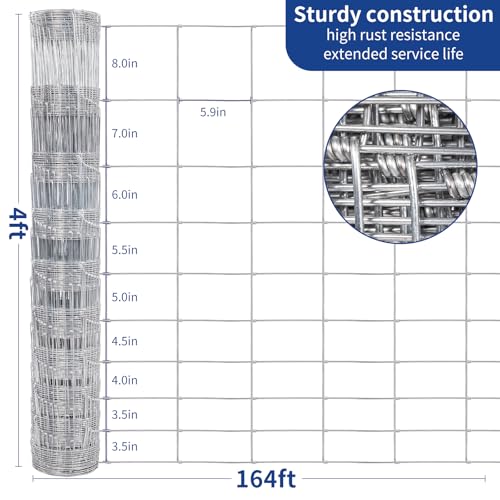 Livestock Fence, 4ft X 164ft Galvanized Wire Field Wire Fencing, Cattle Fence, Deer Fence, Heavy Zinc Coating Farm Fence Used to Hog Goat Fencing for Yard and Field Hog Horse - style: Metallic 4FT x 164FT