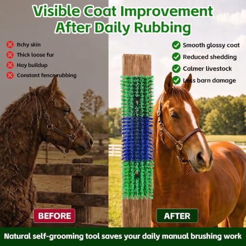 Livestock Scratch Brush for Cattle, Horses, Goats, Cow, Durable Scratching Brush, Massage Grooming Tool for Healthy Coat, Relieves Itching, Easy Install on Fence Posts(2pcs, Green) - color: Green, size: 2Pcs