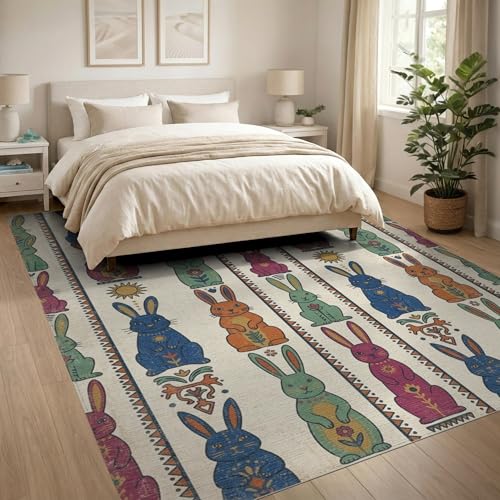 8'x10' Washable Bohemian Bunny Large Rug, Beige Non-Shedding Pet Friendly Carpet Foldable Easy Care Mat for King Size Bedroom, Master Suite, Under Bed | Ref:1969466 - color: Beige/Pattern 3, size: 8' x 10' (Rectangular)