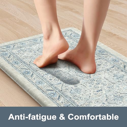 KIMODE Anti Fatigue Kitchen Mats for Floor, Vintage Kitchen Rugs Sets of 2 | Cushioned Kitchen Floor Mats Non Slip, Comfort Boho Rugs for kitchen floor, Sink, Laundry, Desk Blue 17"x47"+17"x29" - color: Blue, size: 17.3" x 47"+17.3" x 29"--0.47 inches
