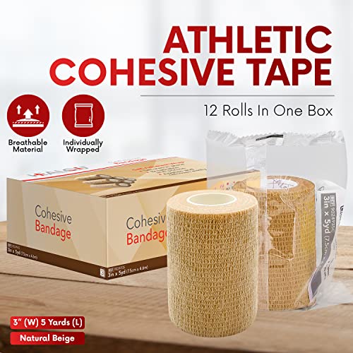 HEALQU Self Adhesive Bandage Wrap – 12 Rolls 3" x5Yd Cohesive Tape for Athletic & Sports -Self Adherent Medical Tape, Flexible, Waterproof Elastic Bandages for Wrist & Ankle Vet Wrap for Dogs - size: 3" Box of 12