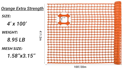 PotatoLife Orange Plastic Snow Fence, Safety Fence, 4'x100' | Temporary HDPE Fence for Construction, Garden, Animal & Pet Barrier, Easy to Install, Cut to Size, Visible, with 50 Zip Ties - color: Orange, size: 4' x 100'