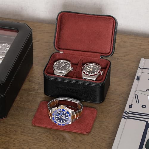 ROTHWELL 2 Watch Travel Case for Men | Compact PU Leather Protective Box with Microsuede Interior | Fits Watches & Smartwatches Up to 55mm (Black/Red) - color: Black / Red