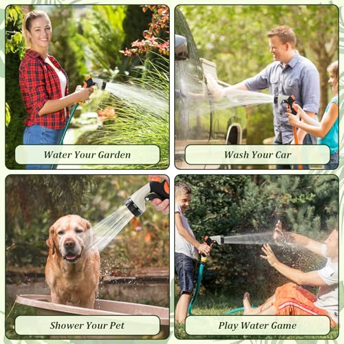 Garden Hose Nozzle, Heavy Duty Metal Water Nozzle with 8 Adjustable Spray Patterns, High Pressure Ergonomic Flow Control for Watering Plants, Lawns, Washing Cars, Pets, Black with Orange