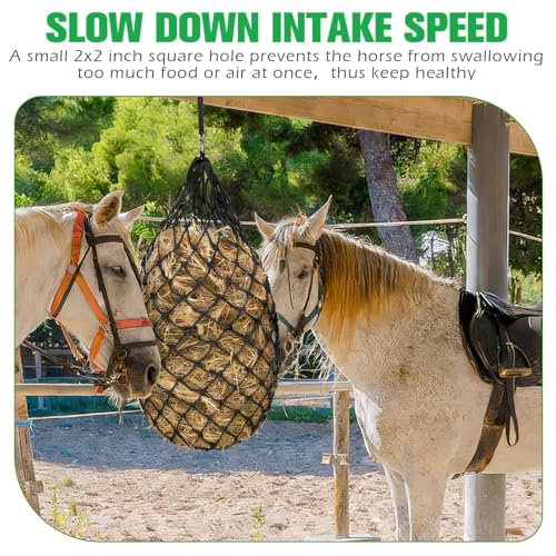 2-Pack Heavy-Duty Slow Feeder Hay Nets for Horses, 40 Inch Hanging Hay Bag with 2 Inch Mesh, for Stable/Trailer - Universal for Horses, Cattle, Sheep, Goats, Donkeys