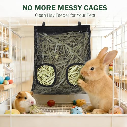 Mesh Guinea Pig Hay Feeder Bag for Guinea Pigs Rabbits Chinchillas, Hanging 2-Hole Hay Dispenser Breathable Wear-Resistant (Black) - color: black