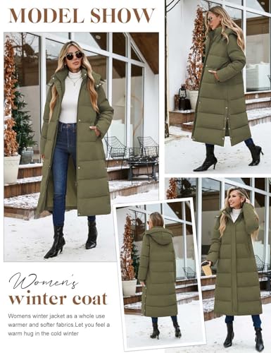 UMIPUBO Women's Long Maxi Down Coat Winter Puffer Jacket | Extra-long,Water Repellent,Side pocket,Faux Fur Removable Hood,Full-Zip,Warm Padded Outerwear - color: Military Green, size: Large