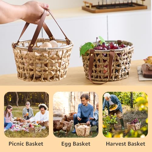 Farmhouse Seagrass Egg Baskets - Handmade Wicker Egg Collecting Basket with Handle - color: Round-Seagrass