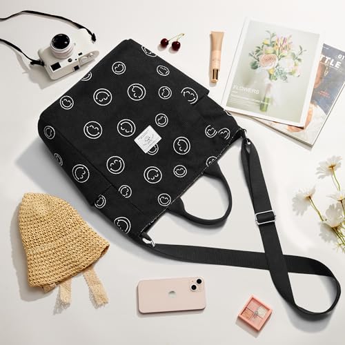 KALIDI Corduroy Tote Bag, Large Slouchy Hobo Messenger Crossbody Bag | Anti Splash Zipper Side Pockets Shoulder Bag Adjustable Strap Lightweight Casual Work Shopping Women - color: Black Happy
