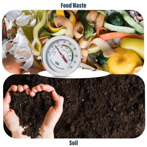 Compost Thermometer Stainless Steel Dial - Ideal Composting Soil Thermometer with 50MM Diameter C and F Dial and 295MM Compost Temperature Gauge Probe