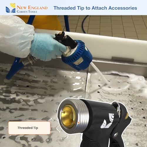 Industrial Hot/Cold Water Jet Hose Nozzle 500012 with Threaded Tip, Rear Trigger and Comfort Grip by New England Garden Tools for Cleaning Kitchens & Work Sites, Watering Plants & Yards, Washing Cars