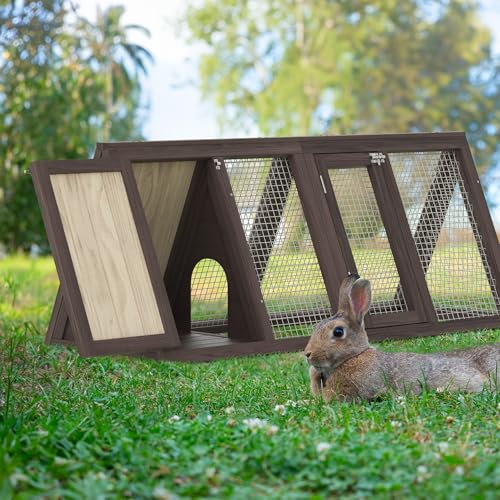 Rabbit Hutch, Small A-Frame Chicken Coop w/ 2 Door & Run Cage(Brown) | Outdoor Wooden Triangle Quail Hutch w/ Ventilating Wire Poultry Hutch for Small Animal Quail Cage Backyard - color: Brown