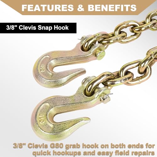 AAIN G80 Transport Chain, 3/8Inch*20 Ft Binder Chain with G70 Grabs 2 Pack | Heavy Duty Trailer Logging Binder Chain | 7,100 lbs WLL | for Transporting Towing Truck Tie Down Binding Equipment - size: 3/8 Inch - 20 FT, style: 2 Pack