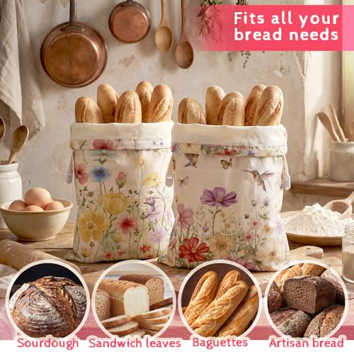 Hushee 2 Pcs Beeswax Sourdough Bread Bags, XL Cotton Line, Wildflower | 13 x 16 Inch Bread Bags for Homemade Bread, Reusable Organic Linen Cotton Storage Bags, Keep Loaves Fresh Longer - style: Wildflowers