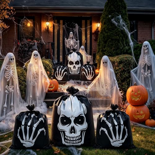 Qilery 6 pack Halloween Skull Leaf Lawn Bags for Outdoor Decorations Plastic Zombie Trash Bags with Skeleton Hand & Twist Ties for Lawn Yard Garden Patio and Party Decor - style: Skull
